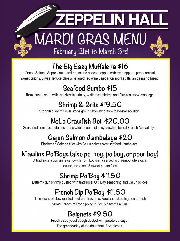 Mardi Gra Menus Zeppelin Hall