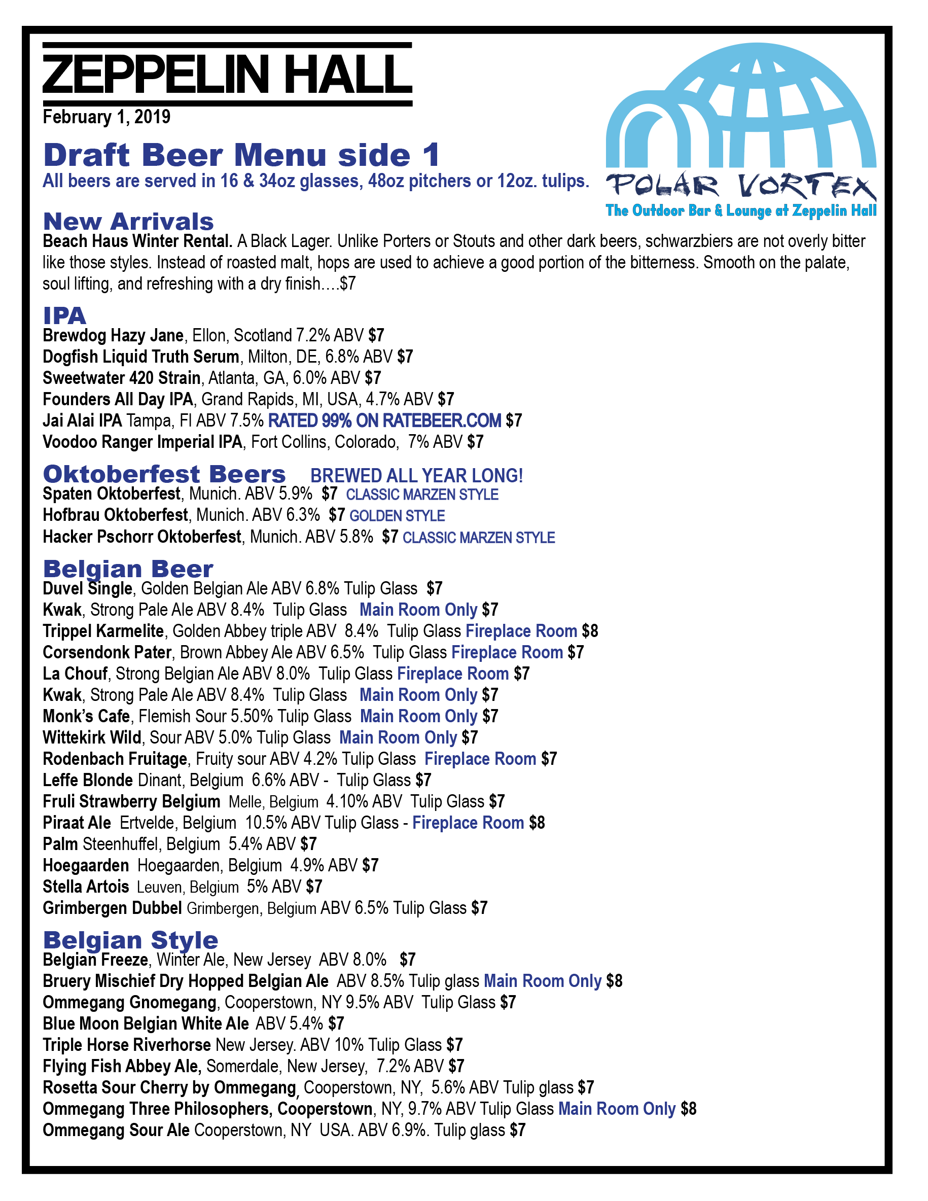 Draft Beer Menu January 2019 Zeppelin Hall Jersey City